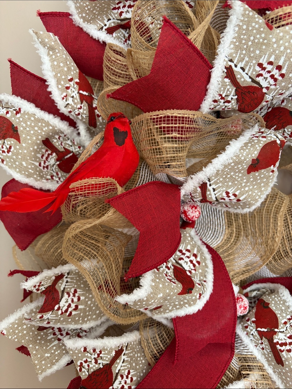 Red & Natural Holiday Wreath with Cardinal Accents - Picture 2 of 4
